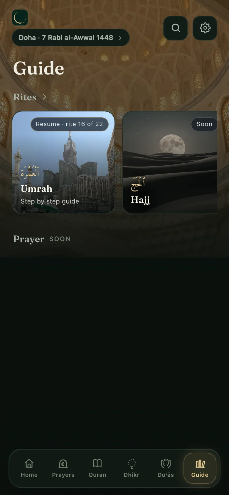The Guide tab in Mounis: the ʿumrah, a whole rite, ready to begin.