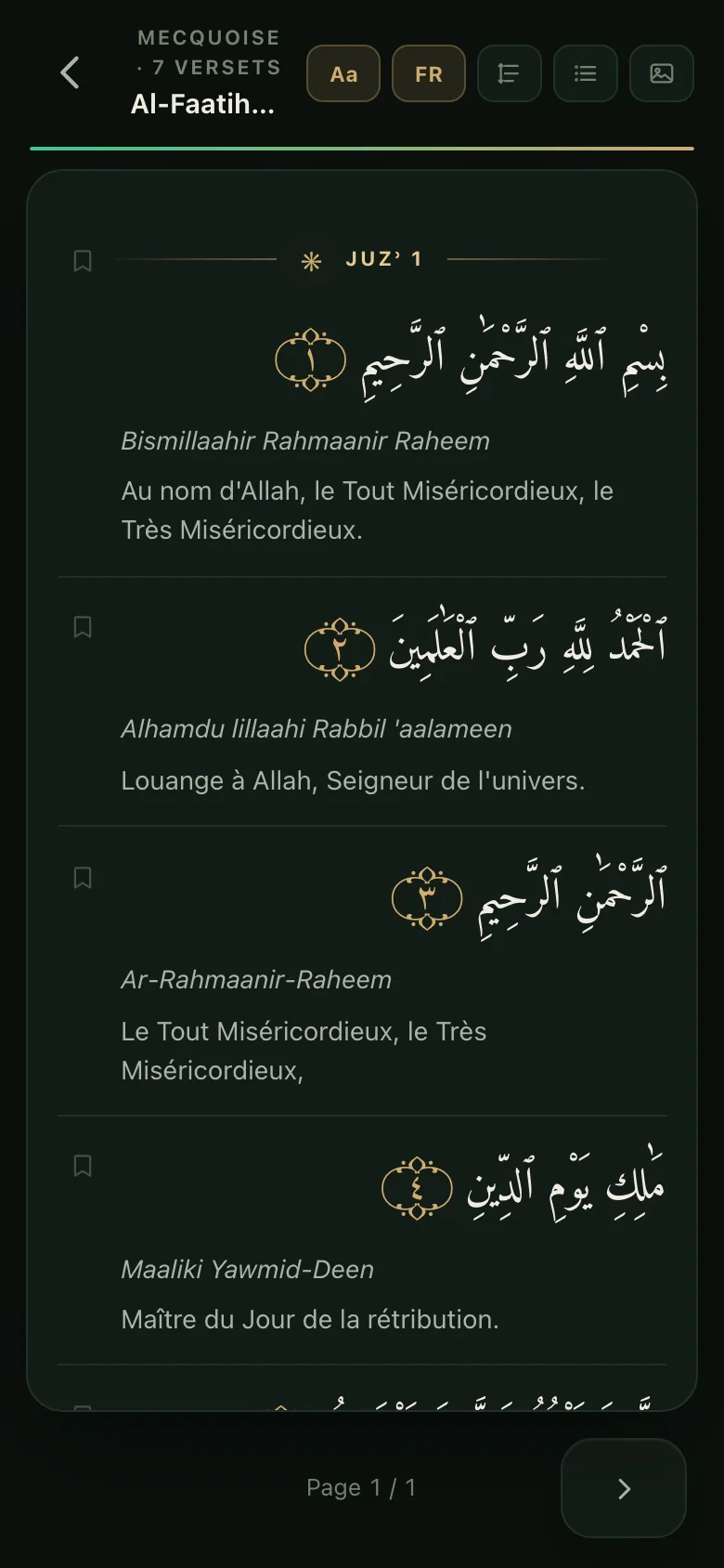 La lecture du Coran dans Mounis : le texte arabe d’Al-Faatiha, la phonétique et la traduction française.
