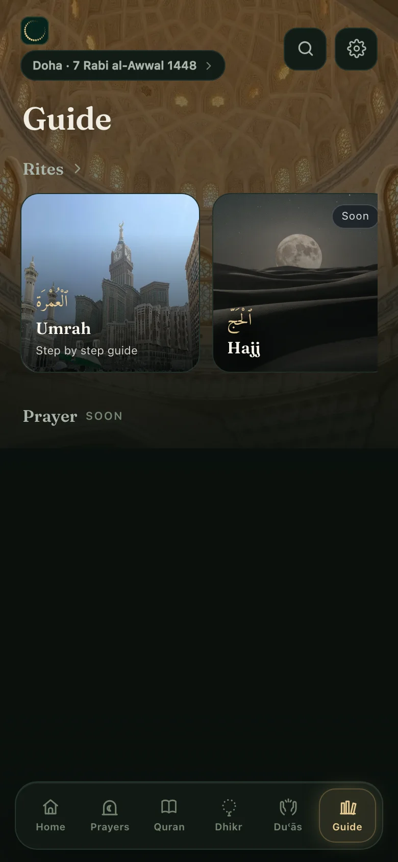 The Guide tab in Mounis: the ʿumrah as a step-by-step guide, with the Hajj announced.