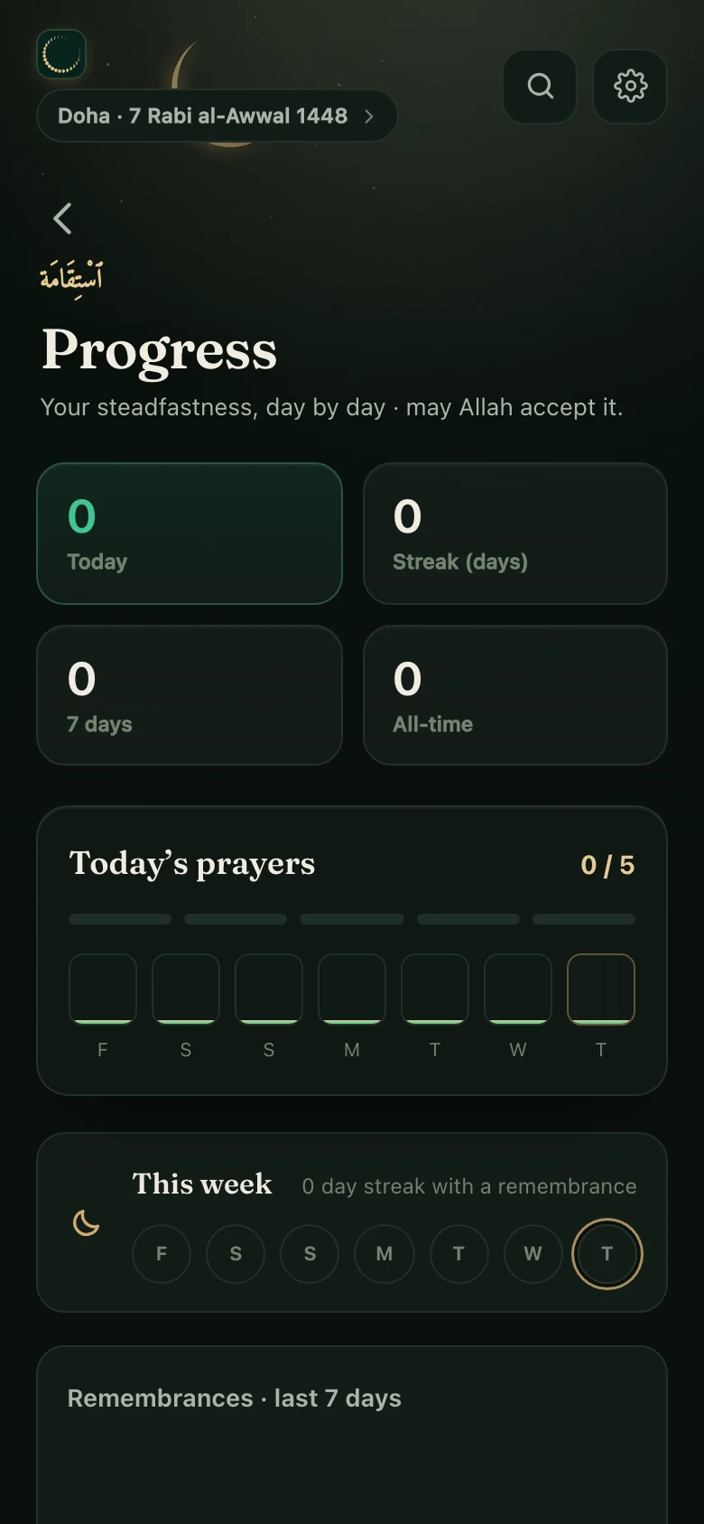 The Progress screen in Mounis: today’s constancy, the streak, the last seven days and the day’s prayers.