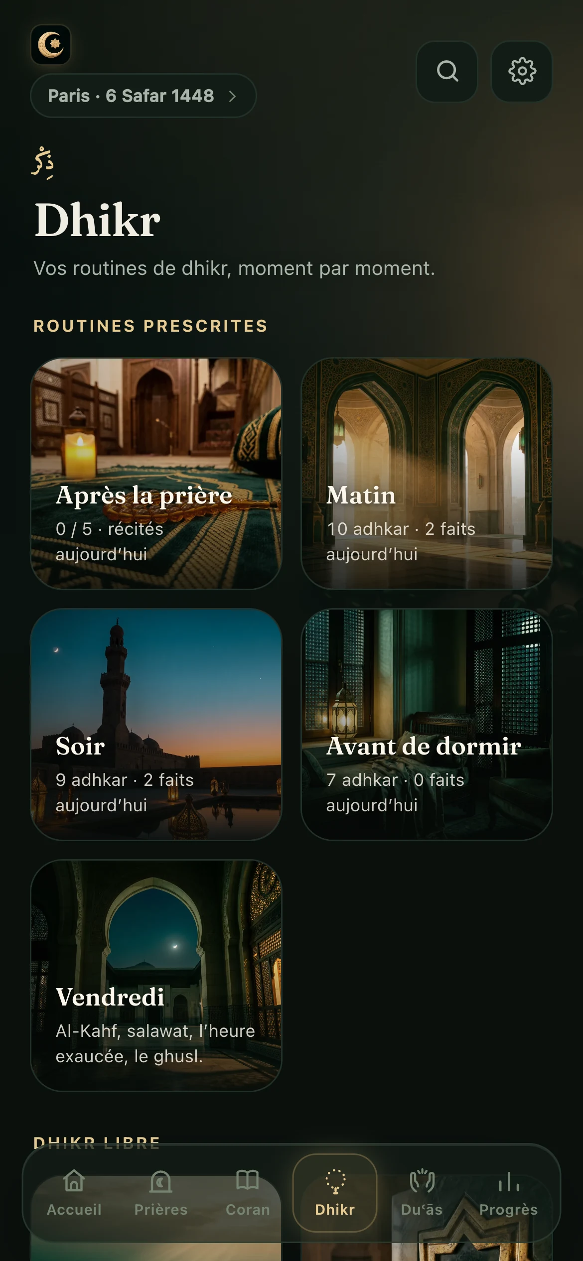 Le dhikr par moment : après la prière, le matin, le soir, avant de dormir.