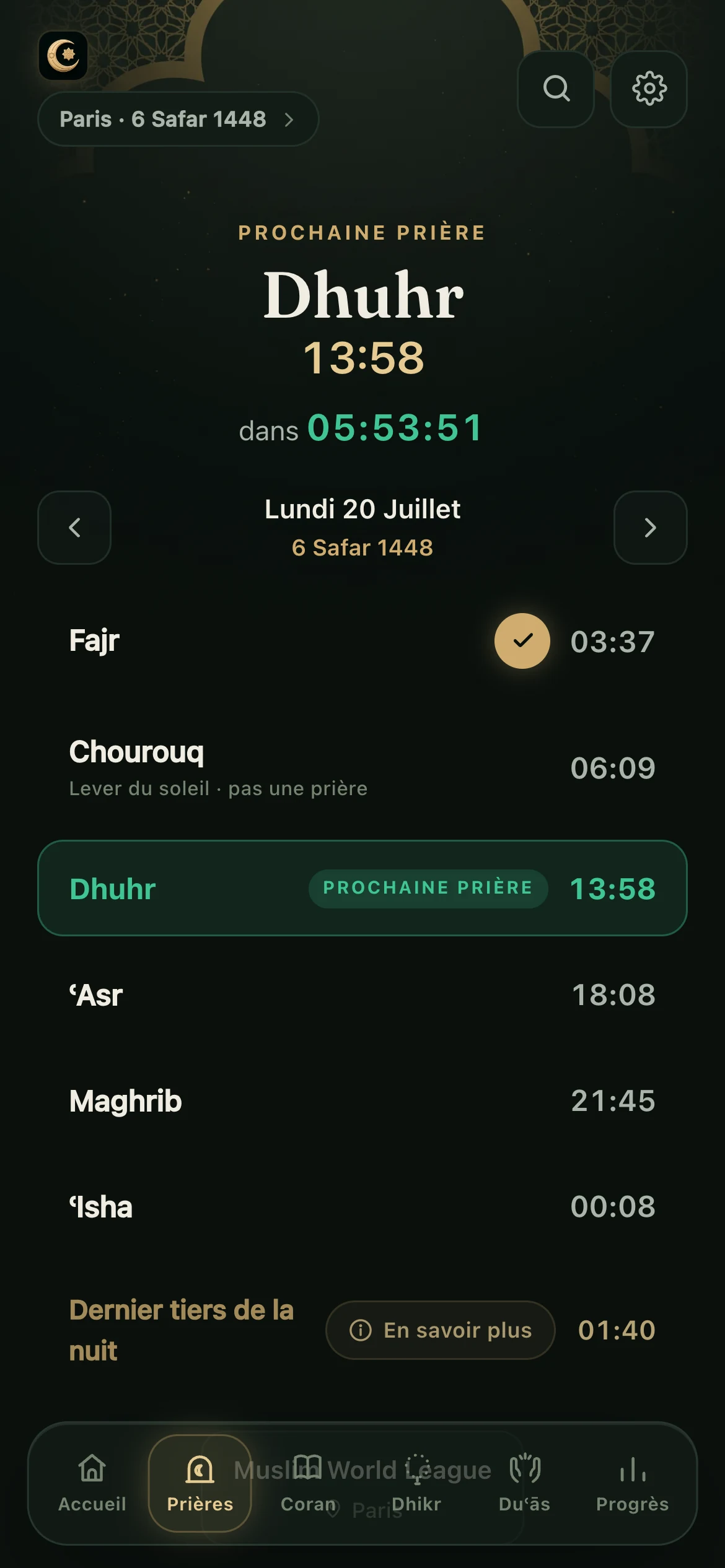 Écran des prières : les horaires du jour, la prochaine prière et le temps restant.