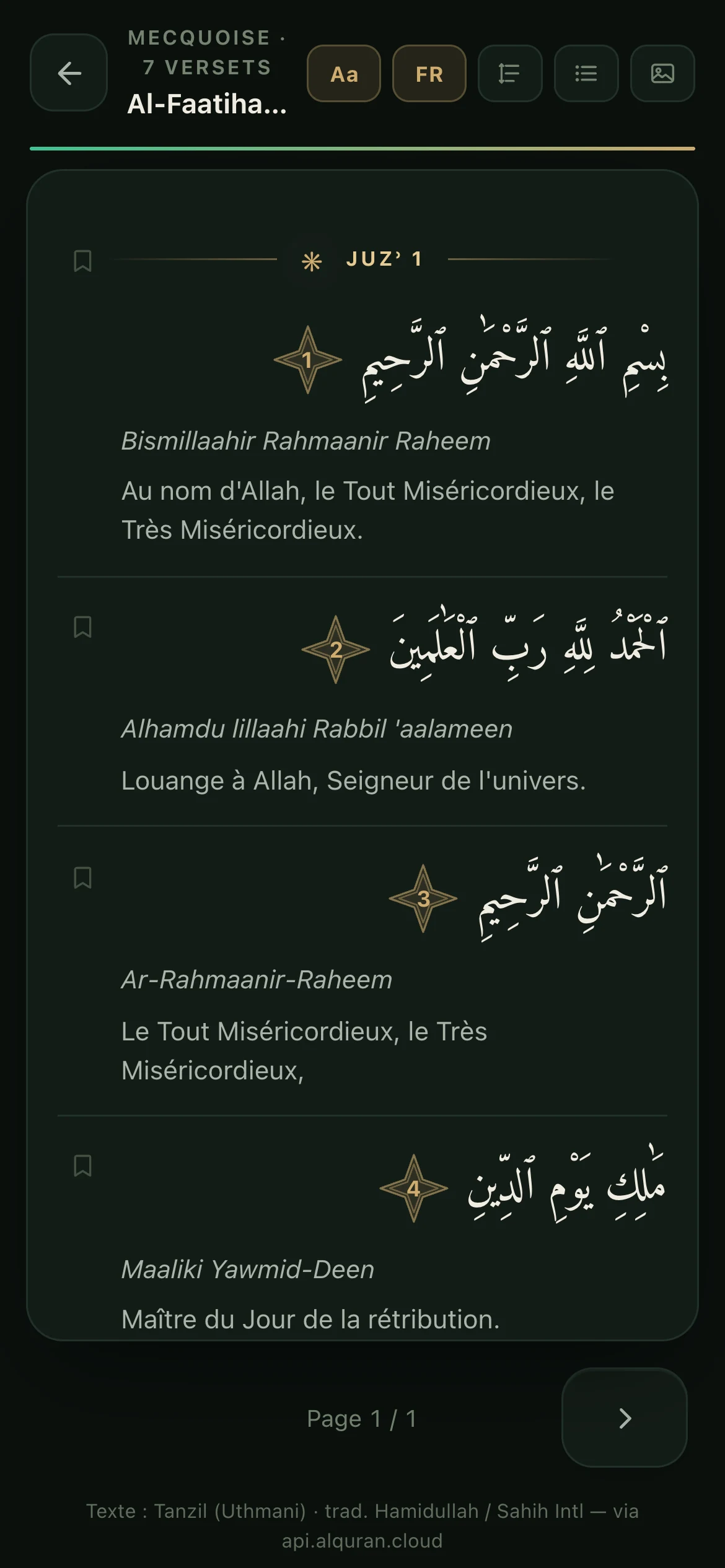 Lecture du Coran : le texte arabe, la phonétique et la traduction française, sourate Al-Fatiha.