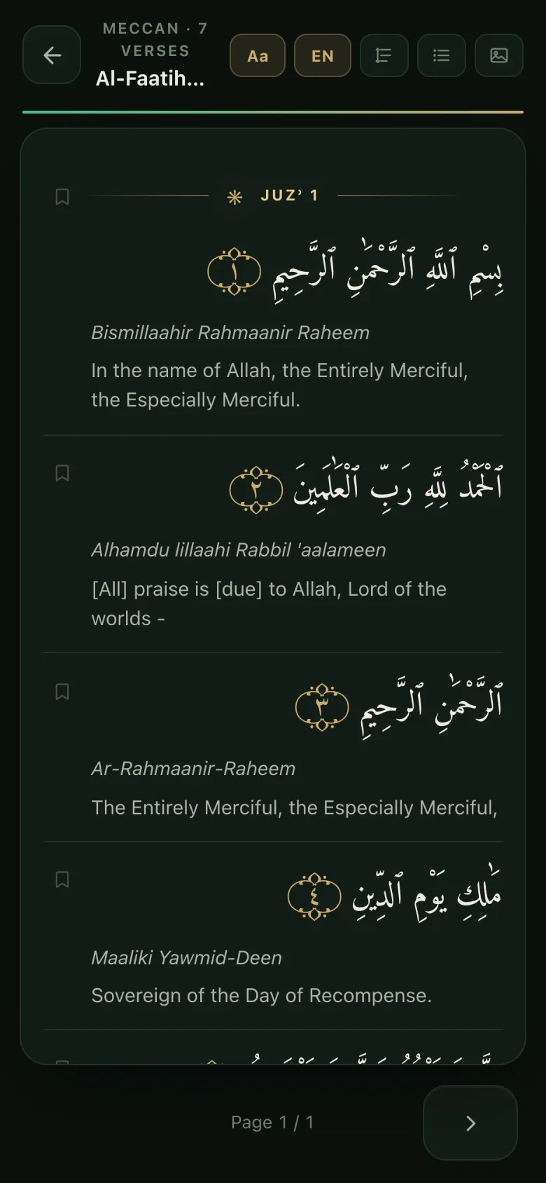 Guided reading in Mounis: the Arabic text, the phonetics and the translation, surah Al-Faatiha.